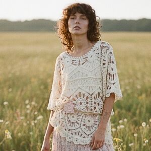 NS09. POL Crochet Bohemian Cream Summer Oversized Tuniv Top One Size